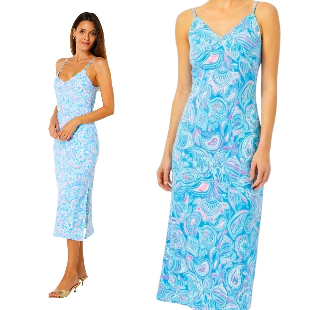 Lilly Pulitzer Maretta Bias Midi Dress Zanzibar Blue Fish Kiss M Resortwear EUC